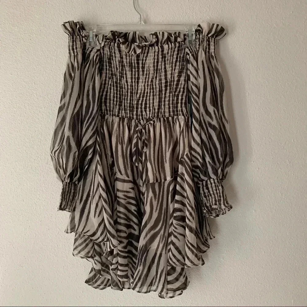 NEW Olivaceous zebra print off the shoulder smocked dress S